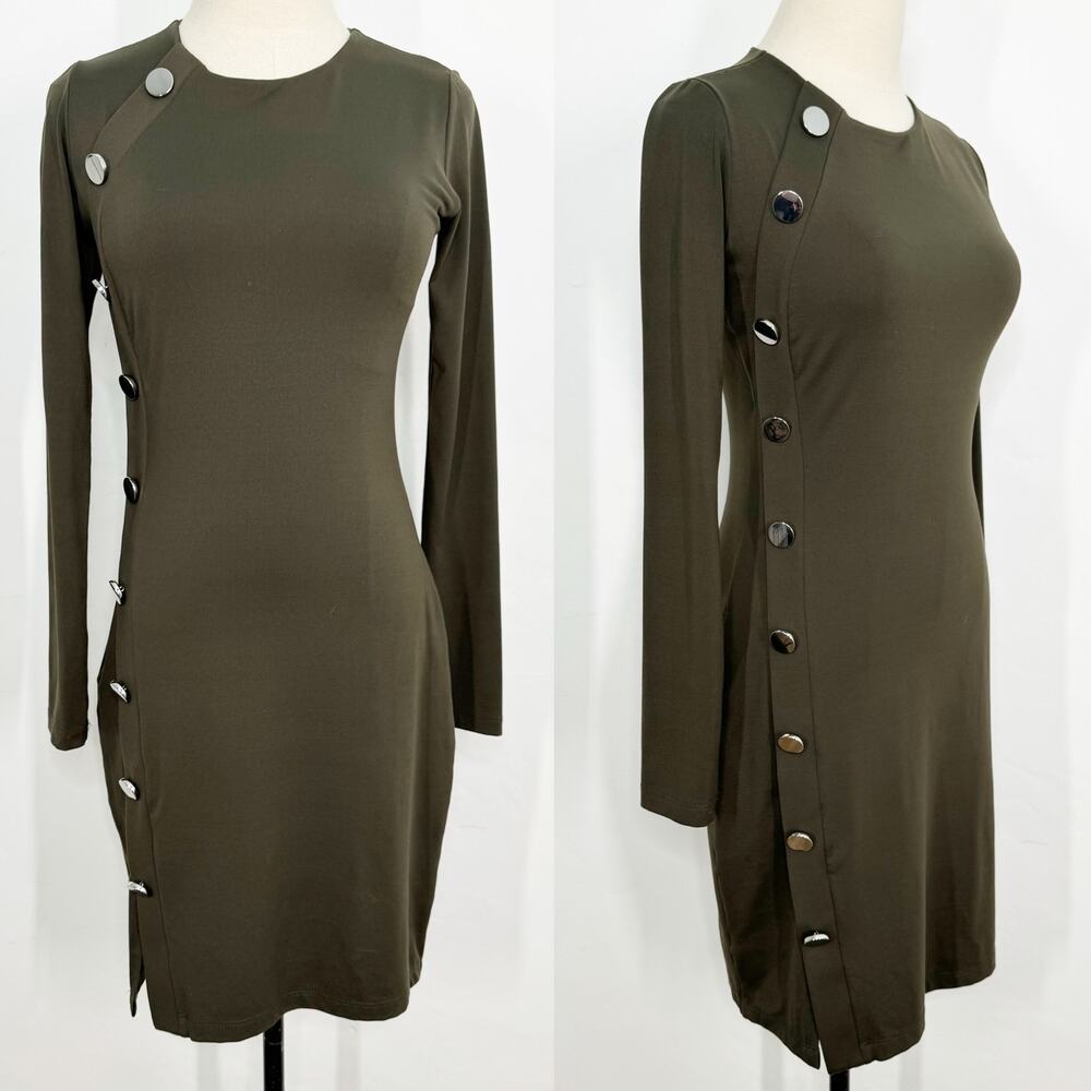 Susana Monaco Button Detail Dress Olive Green Long Sleeve Bodycon Office Size S